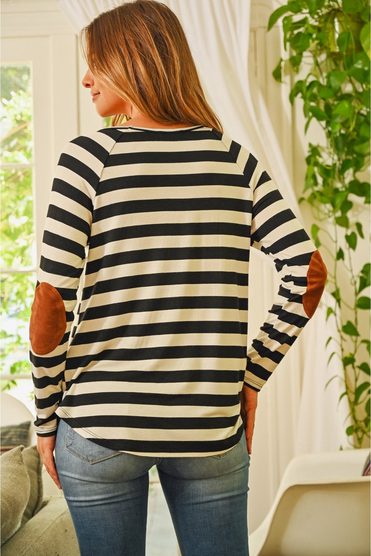 Riah Fashion - Elbow Suede Patch Striped Tunic - 6 COLORS -