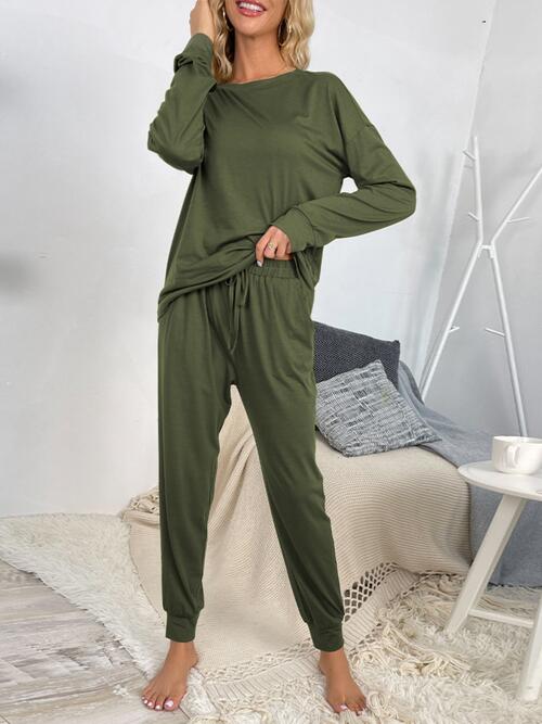 Round Neck Top and Drawstring Pants Lounge Set - 2 PCS. - T - 4 COLORS -