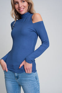 Thumbnail for Q2 - Blue Sweater With One Open Shoulder and High Neck - 1 COLOR -