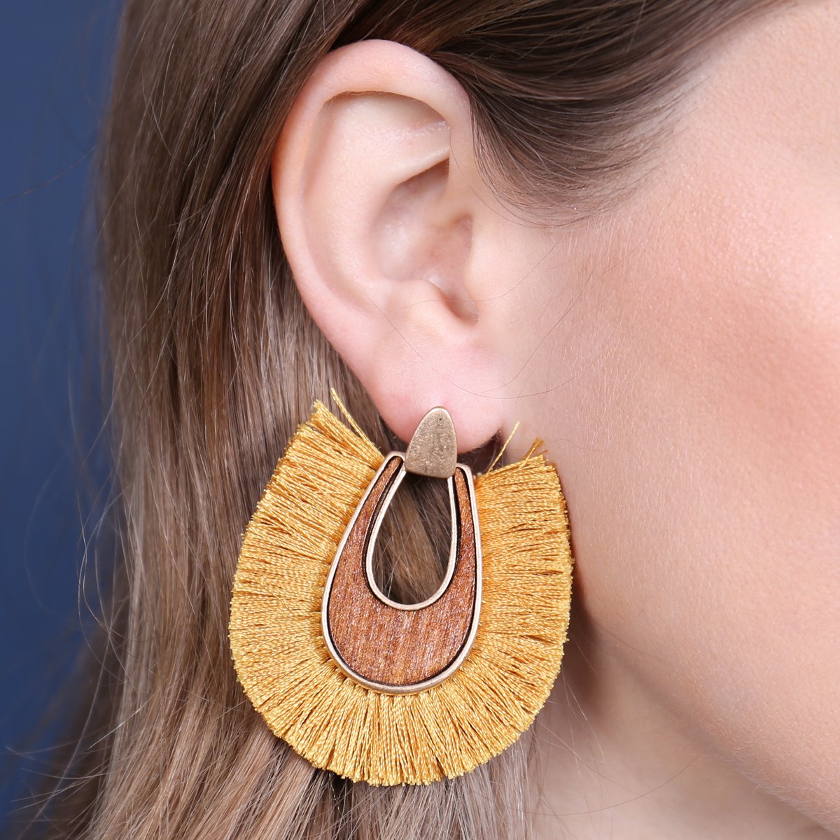 Wood With Thread Tassel Post Earrings - 11 COLORS -