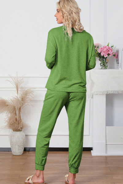 Round Neck Top and Drawstring Pants Lounge Set - 2 PCS. - T - 4 COLORS -