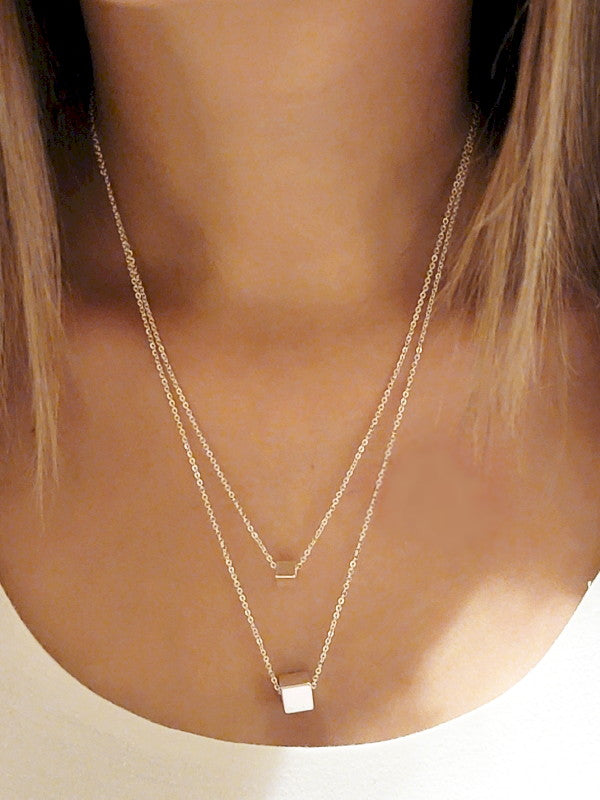 Cube Pendant Double Layer Necklace Set -