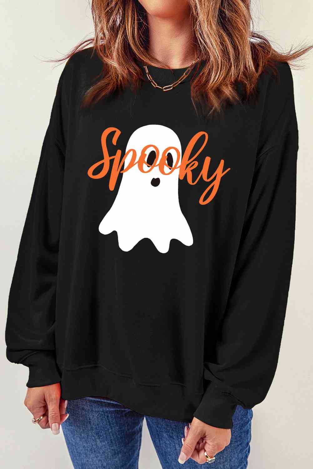 SPOOKY Ghost Graphic Round Neck Sweatshirt - T - 1 COLOR -