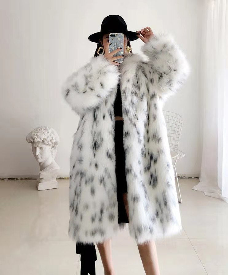 Sharon Tatem - Faux Fox Fur Coat - Casual Snow Leopard Print Fur Jacket - Thick Warm Mid-Long Plush Outer -