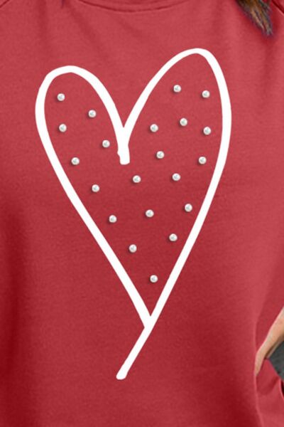 Heart Pearl Detail Round Neck Sweatshirt - T - 1 COLOR -