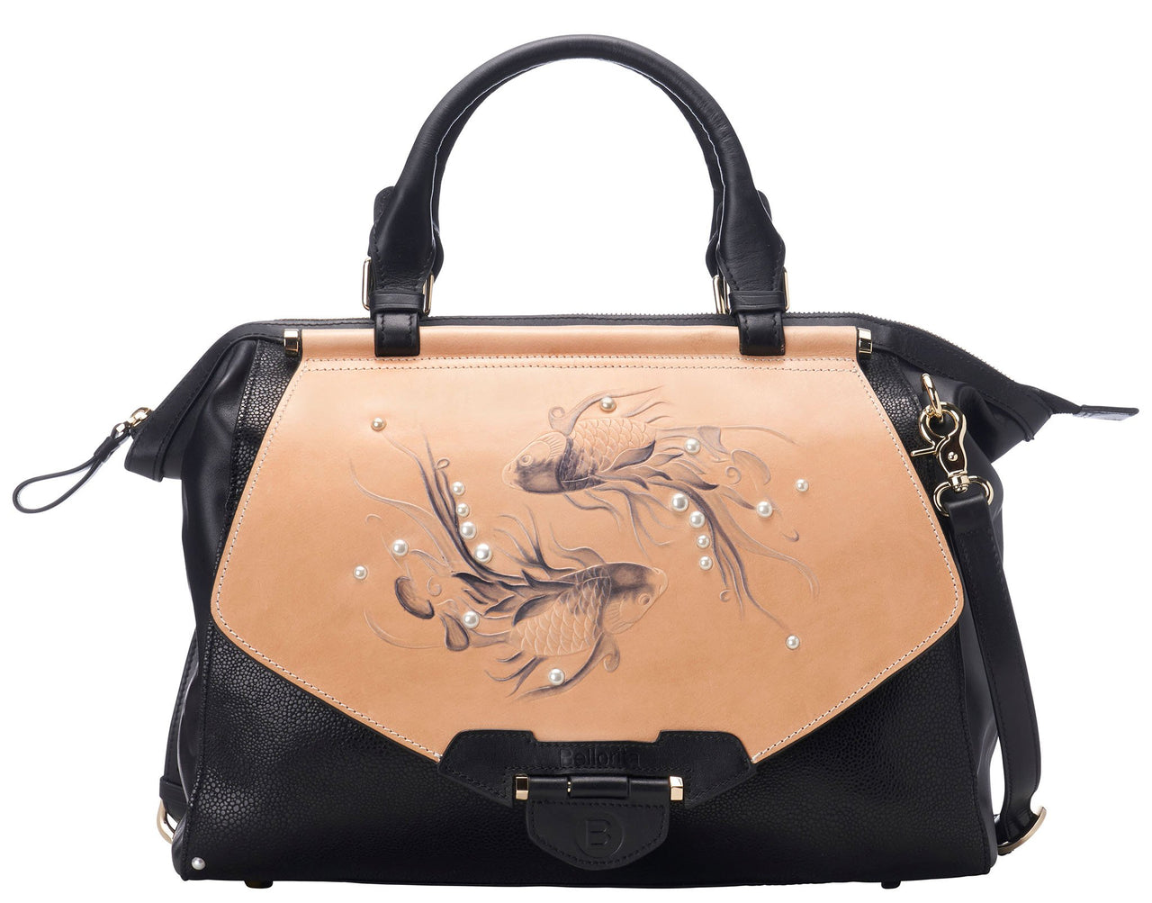 Bellorita - Koi Large Black Satchel - Hand Carved and Painted - 1 COLOR -