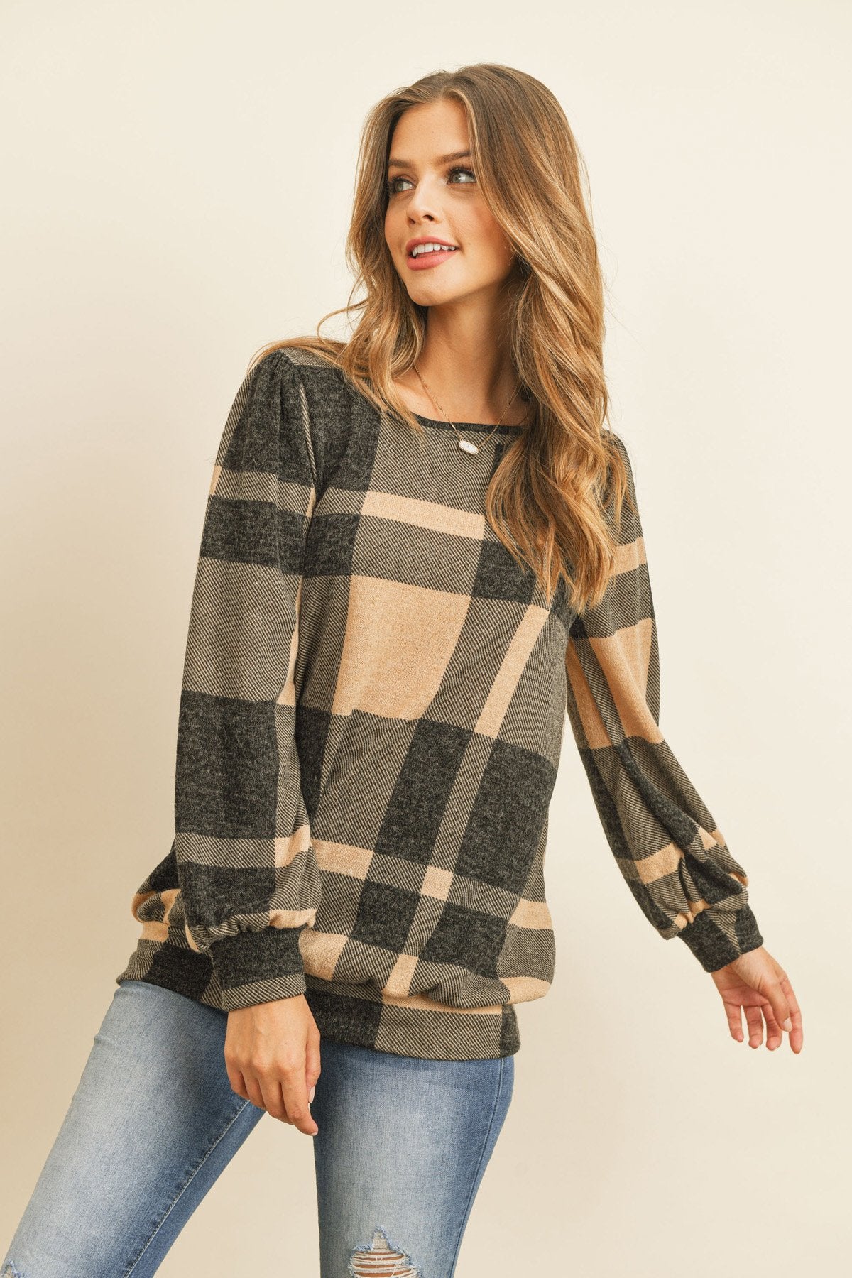 Riah Fashion - Plaid Round Neck Long Sleeve Top - 2 COLORS -