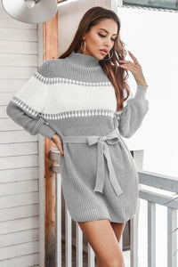 Thumbnail for Contrast Tie Front Long Sleeve Sweater Dress - T - 3 COLORS -