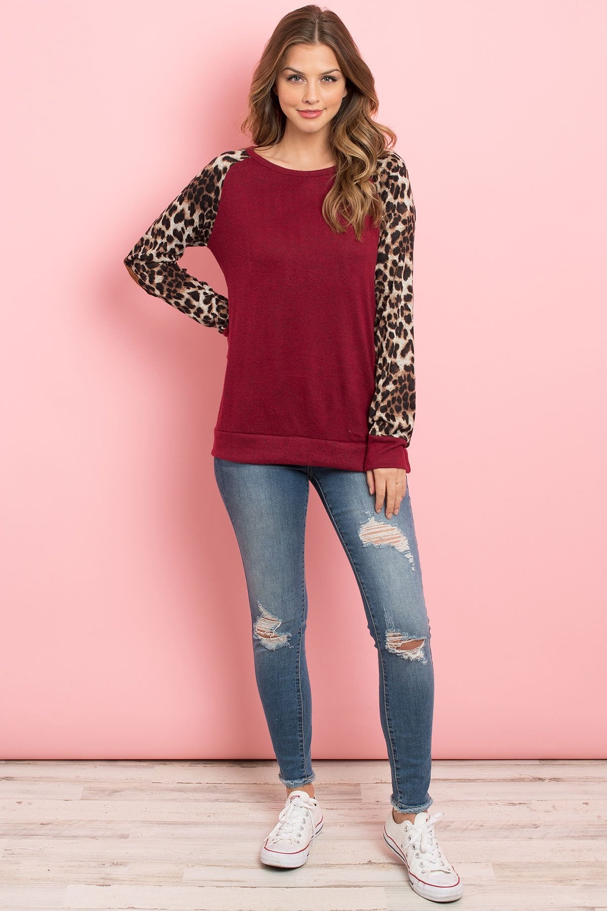 Riah Fashion - Leopard Sleeve Elbow Patch Sweater - 1 COLOR -