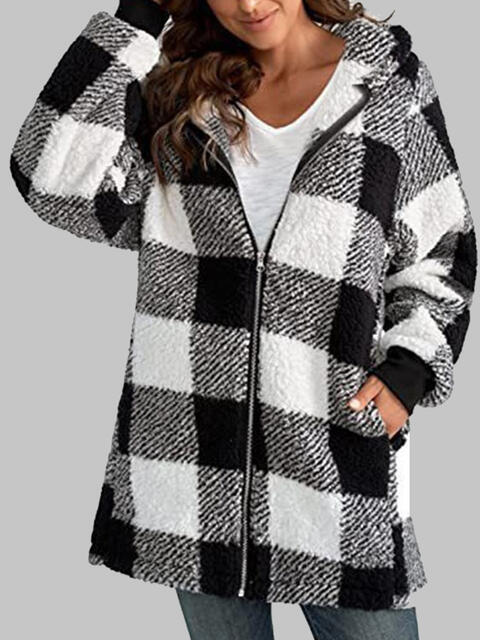 Plaid Zip-Up Hooded Jacket with Pockets - T - 7 COLORS -