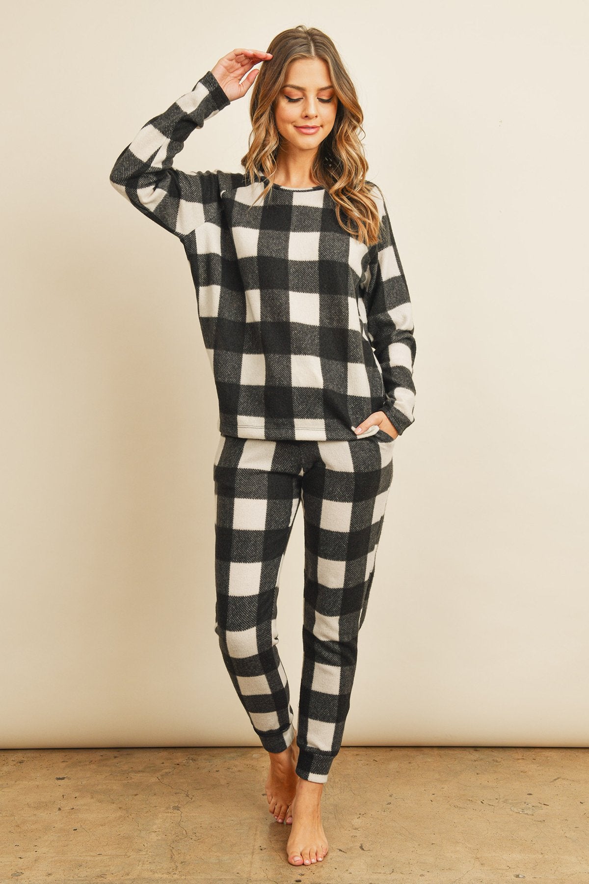 Riah Fashion - Brushed Plaid Top and Joggers Set With Self Tie - 2 PCS - 2 COLORS