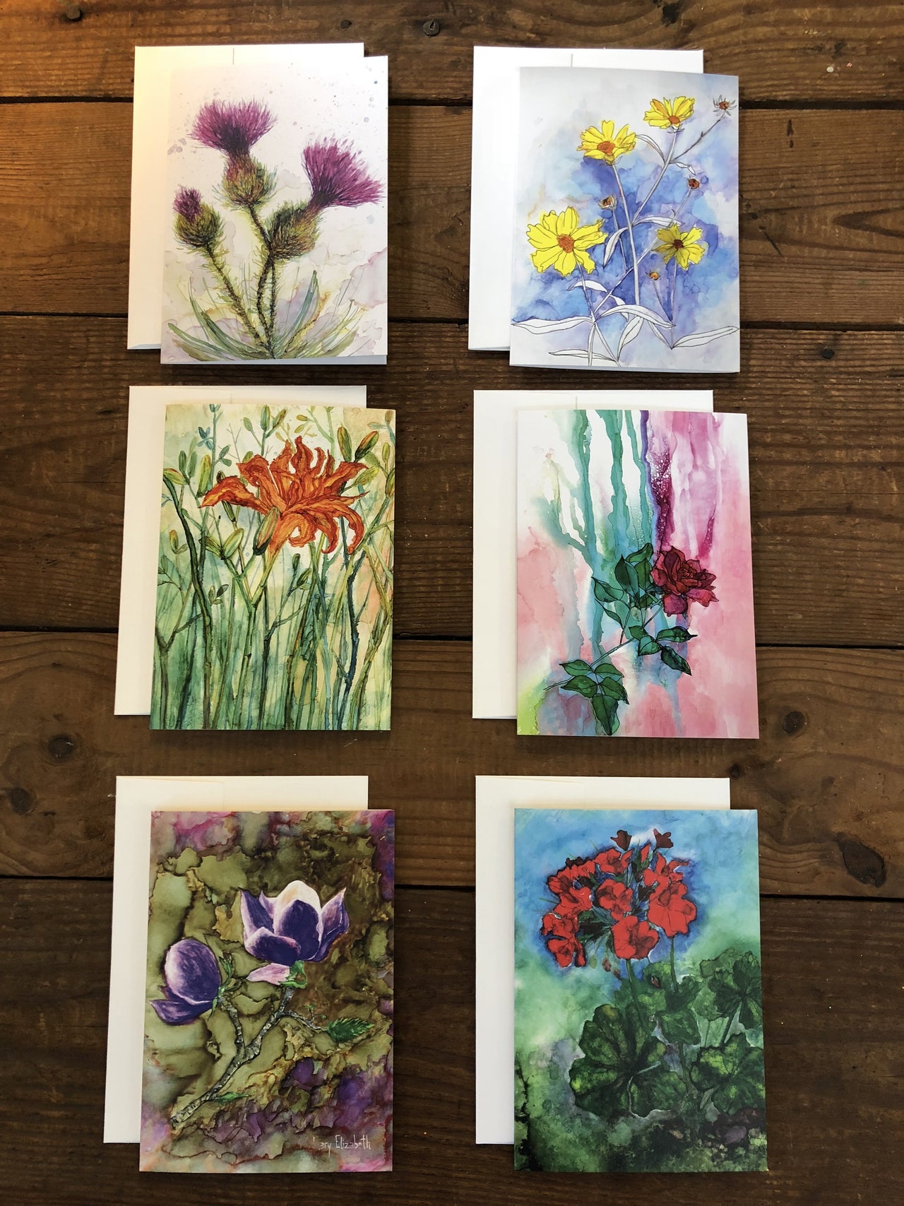 Box Set of 6 Greeting Cards: Cards, Thistles, Daylily, Rose, Magnolia, Geranium, Blank Artist Cards, Mother's Day Cards - SET(6) -