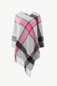 Thumbnail for Plaid Fringe Detail Poncho - T - 7 COLORS -