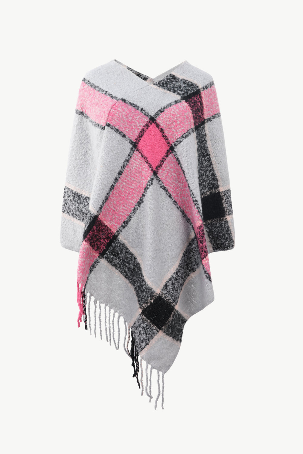 Plaid Fringe Detail Poncho - T - 7 COLORS -