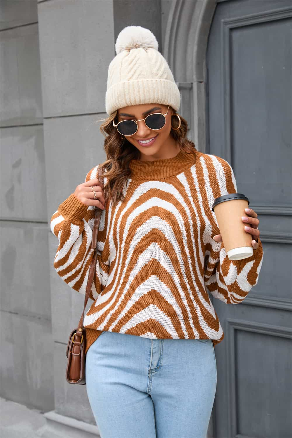 Printed Round Neck Long Sleeve Pullover Sweater - T - 2 COLORS -