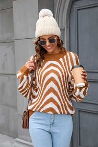 Thumbnail for Printed Round Neck Long Sleeve Pullover Sweater - T - 2 COLORS -