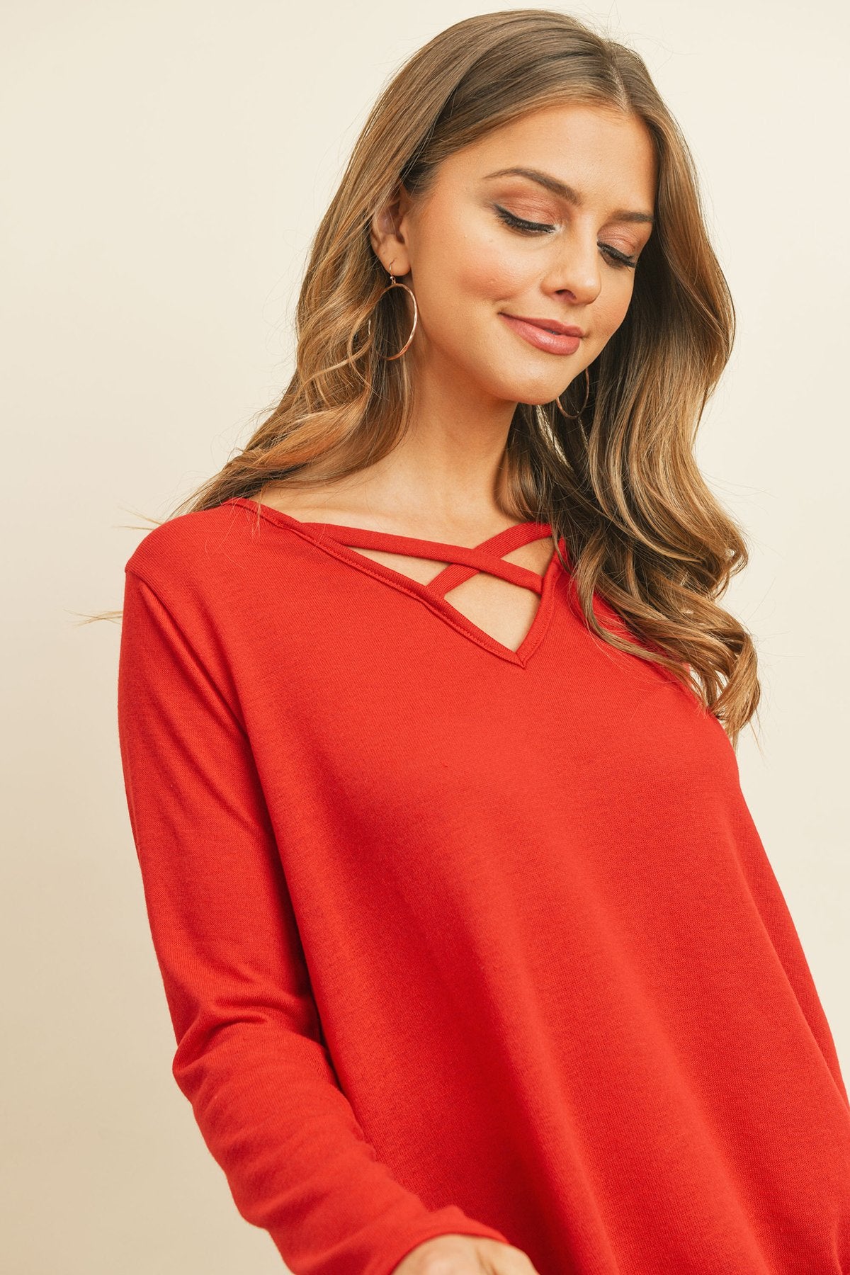 Criss Cross Neck Long Sleeve Hacci Top - 5 COLORS -