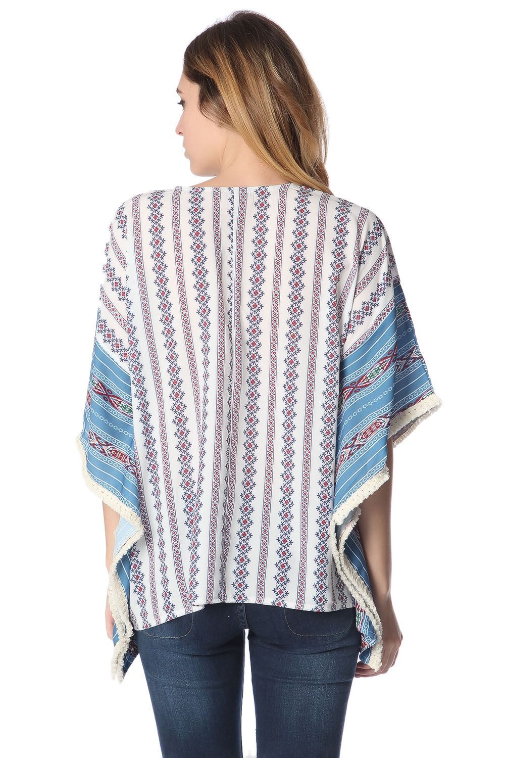 Q2 - Blue Oversized Poncho Top in Tribe Print - 1 SIZE - 1 COLOR -