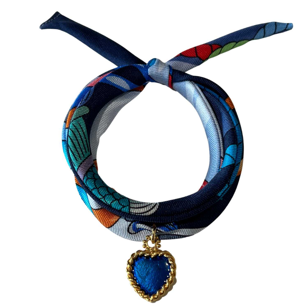 Akalia - Navy Blue  Printed Silk Twill Bracelet Sterling Silver Gold Plated Enamel Love Charm -