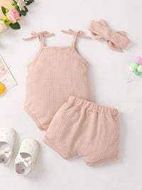 Thumbnail for Baby Girl Waffle-Knit Tie-Shoulder Top and Shorts Set with Headband - 3 PCS - T - 2 COLORS -