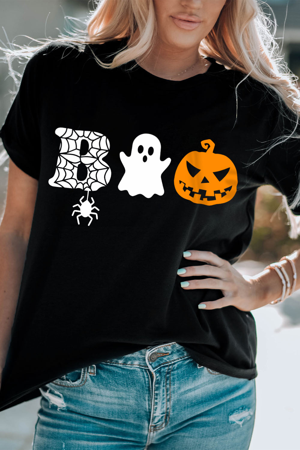 Round Neck Short Sleeve BOO Graphic T-Shirt - T - 1 COLOR -