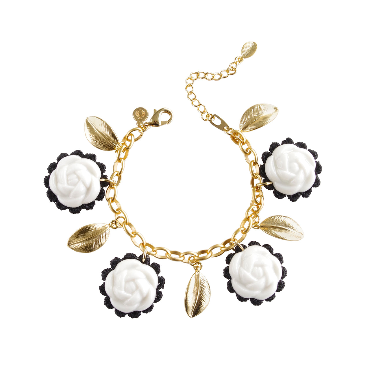 Porcelain Camellias and Golden Leaves Bracelet -