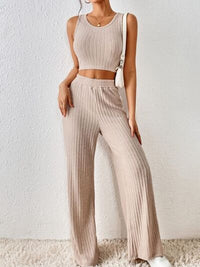 Thumbnail for Ribbed Round Neck Tank and Pants Cropped Sweater Set - 2 PCS. - T - 5 COLORS -