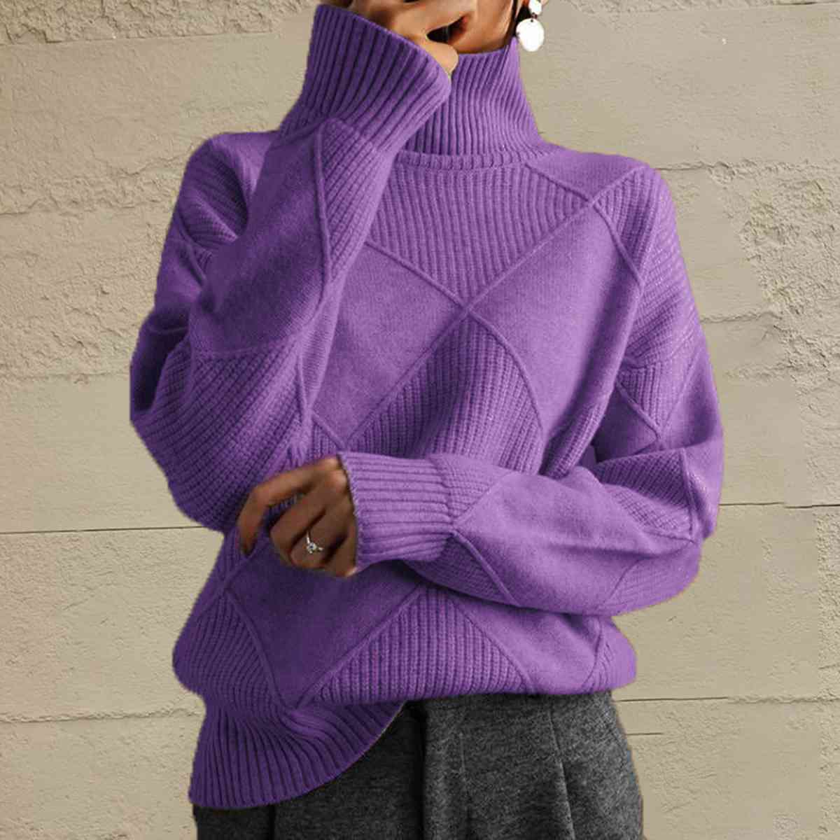 Geometric Turtleneck Long Sleeve Sweater - T - 8 COLORS -