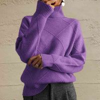 Thumbnail for Geometric Turtleneck Long Sleeve Sweater - T - 8 COLORS -