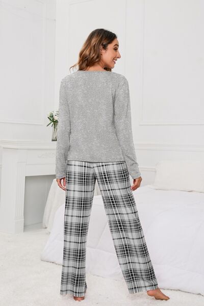 Round Neck Long Sleeve Top and Bow Plaid Pants Lounge Set - 2 PCS. - T - 3 COLORS -