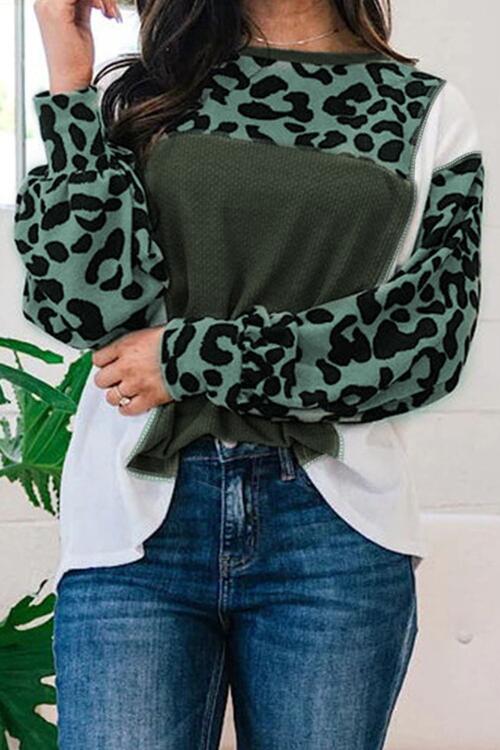 Leopard Color Block Exposed Seam Blouse - T - 1 COLOR -