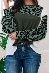 Thumbnail for Leopard Color Block Exposed Seam Blouse - T - 1 COLOR -