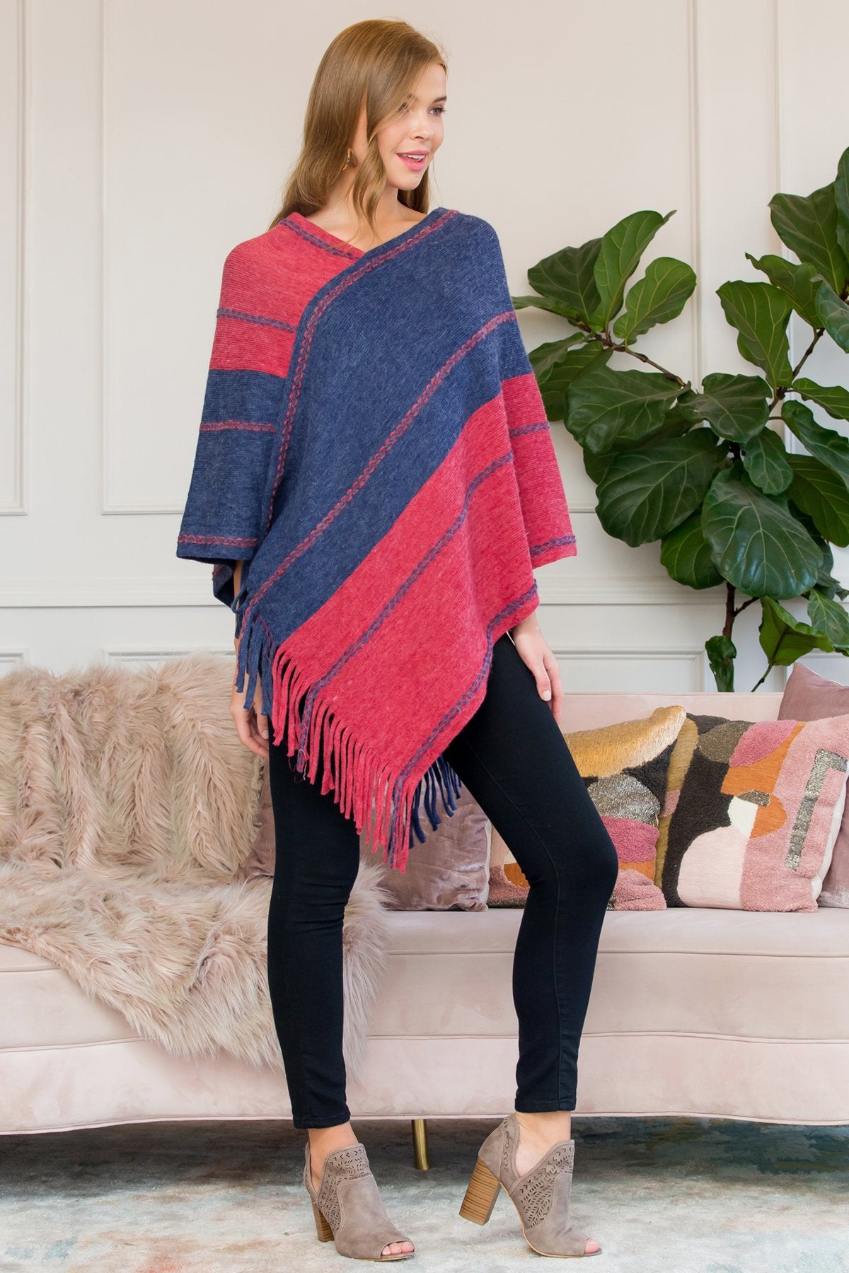 Riah  Fashion - Red Blue Two Tone Chain Print Fringe Poncho - 1 COLOR -