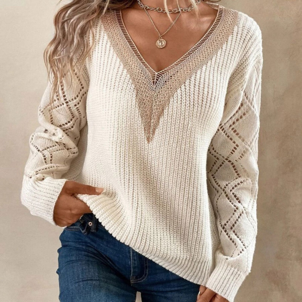 Contrast V-Neck Sweater - T - 2 COLORS -