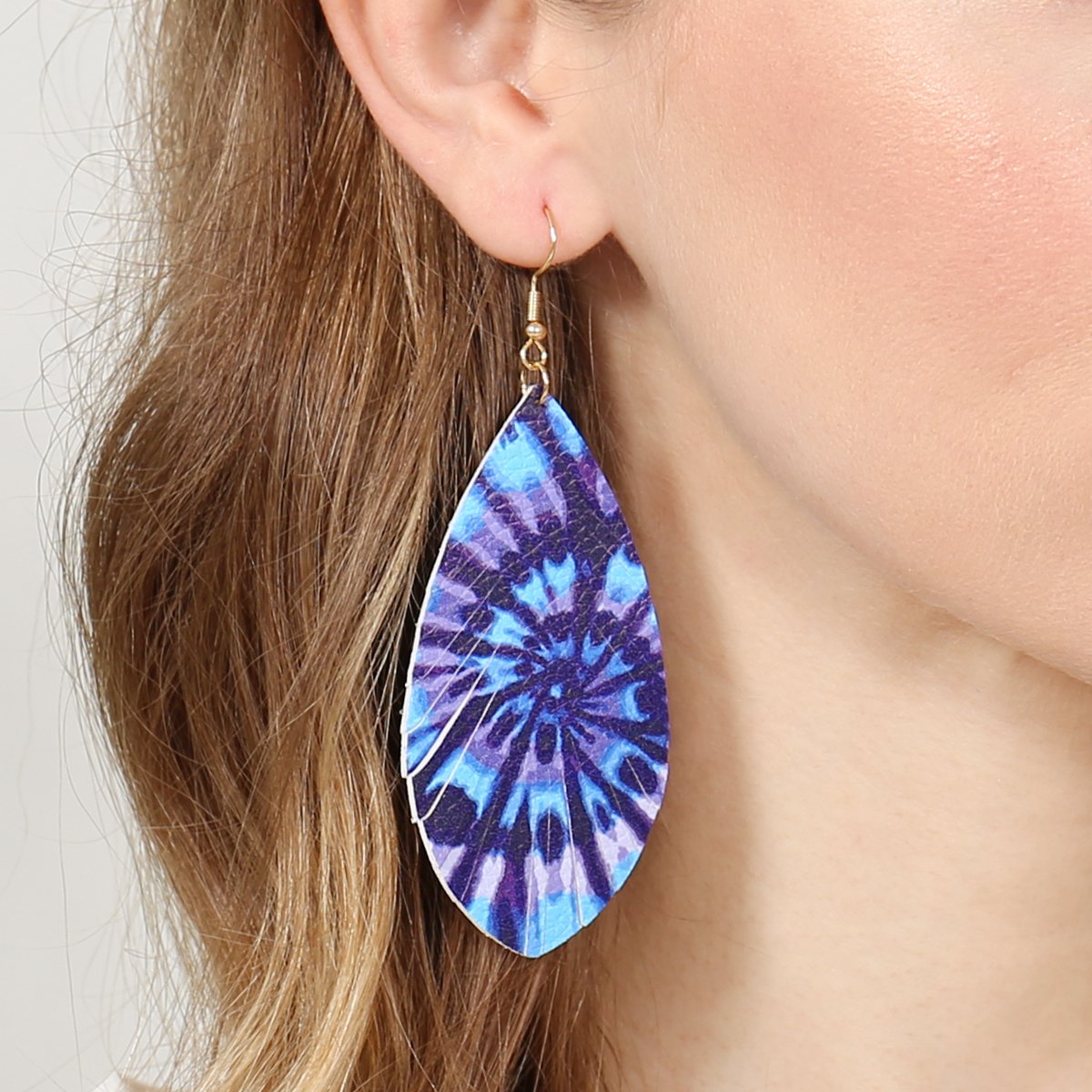 Spiral Abstract Navy Printed Leather Tassel Hook Earrings -