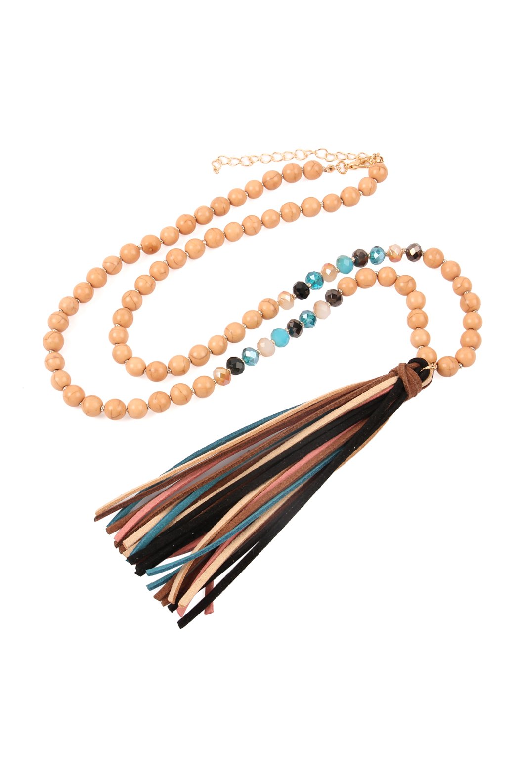 Riah Fashion - Colorful Natural Stone Glass Beads Leather Tassel Necklace - 7 COLORS -