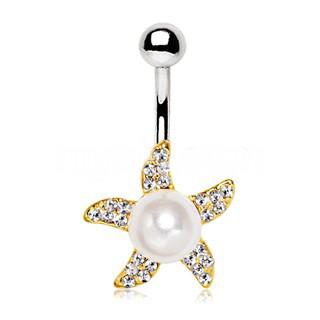 Gold Pearl Accent Starfish Navel Ring -