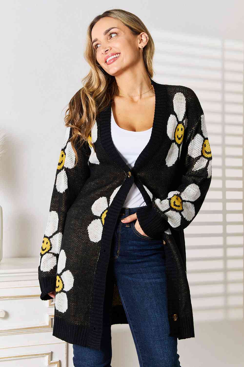 Double Take Floral Button Down Longline Cardigan - T - 1 COLOR -