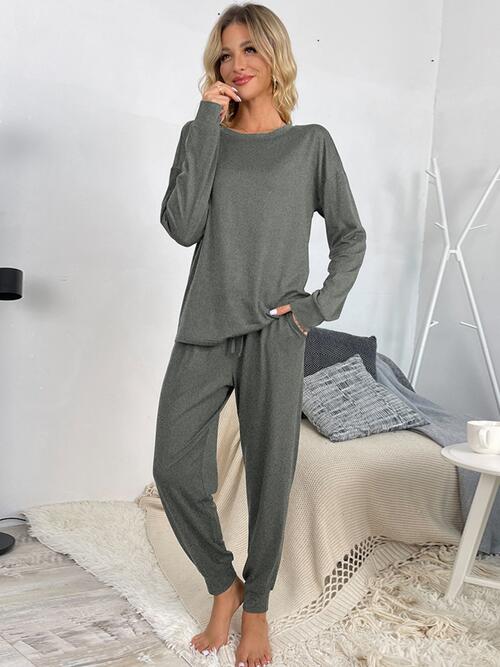 Round Neck Top and Drawstring Pants Lounge Set - 2 PCS. - T - 4 COLORS -