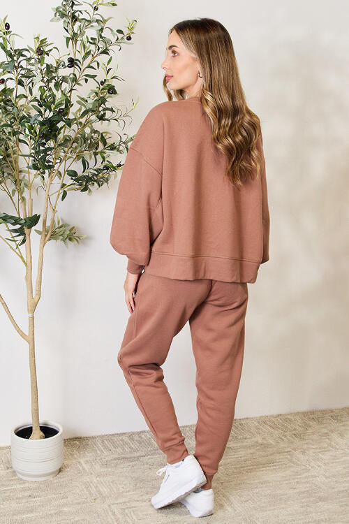 Zenana Lantern Sleeve Sweatshirt and Drawstring Sweatpants Set - 2 PCS. - T - 1 COLOR -