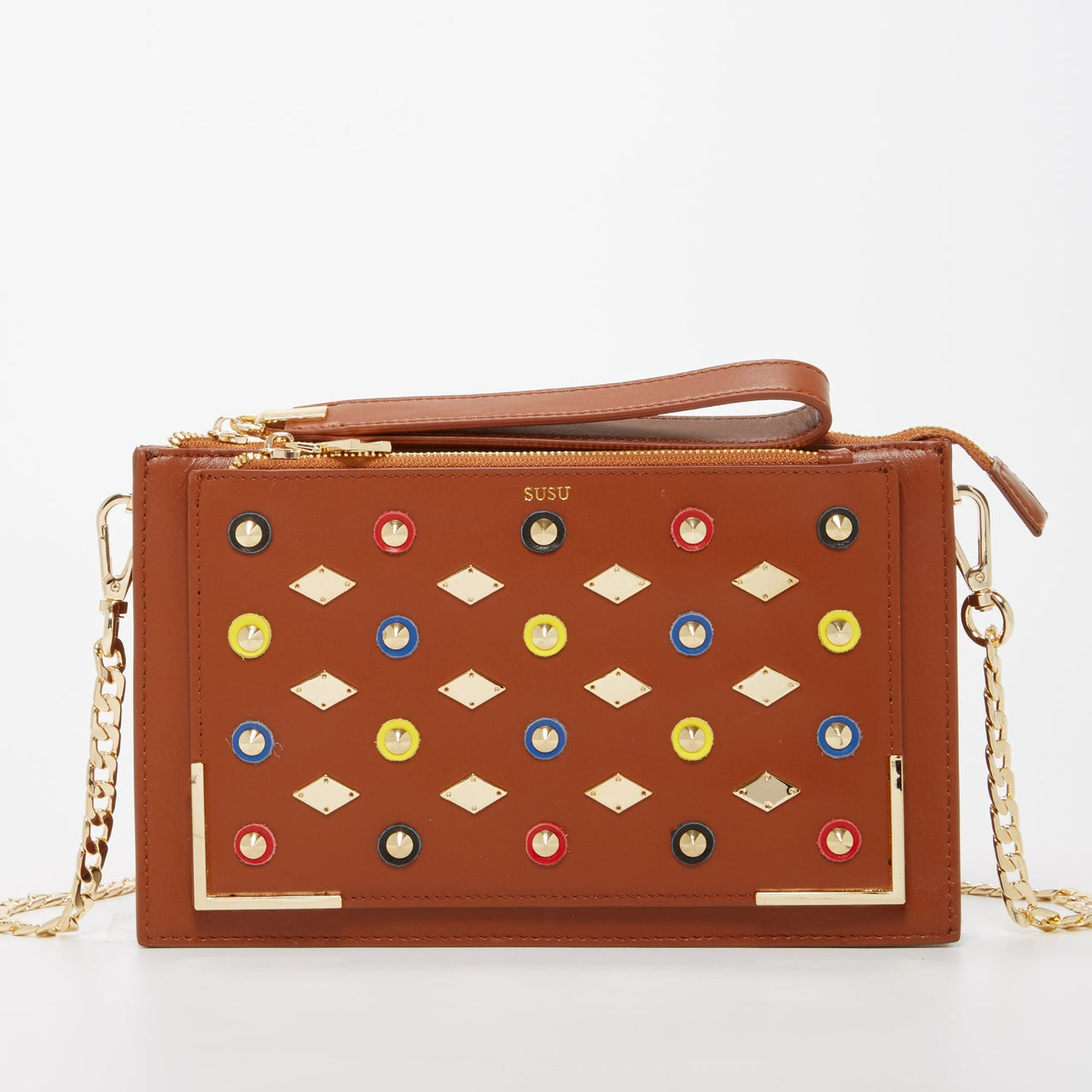 Studded Crossbody Brown Clutch -