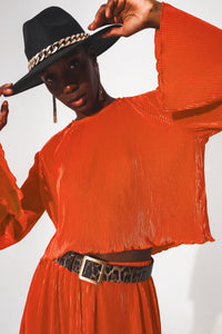 Thumbnail for Q2 - Pleated Round Neck Crop Top in Orange - 1 COLOR -