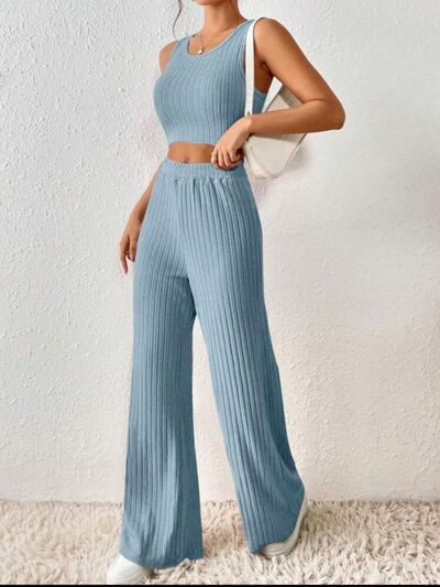 Ribbed Round Neck Tank and Pants Cropped Sweater Set - 2 PCS. - T - 5 COLORS -