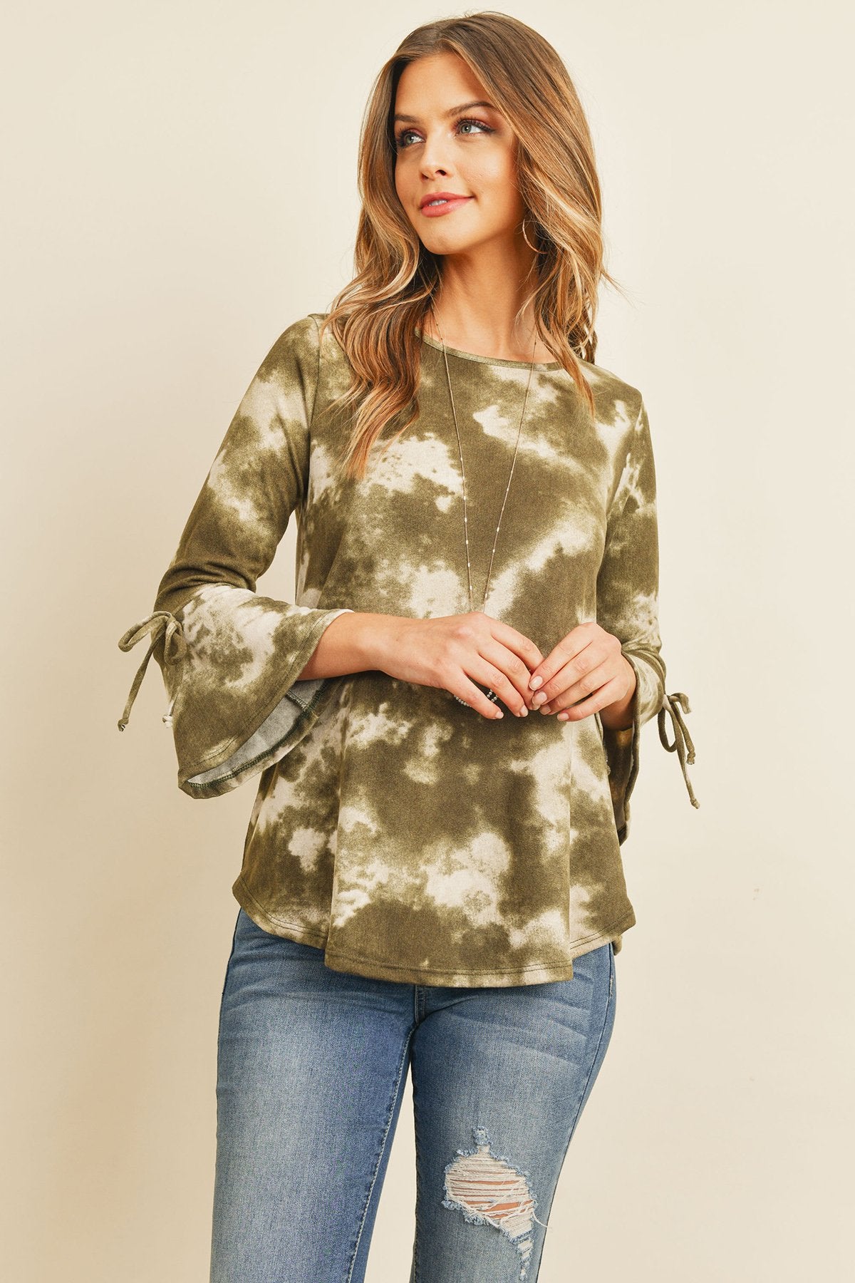 Riah Fashion - Tie Dye Bell Sleeved Ribbon Detail Swing Top - 3 COLORS -