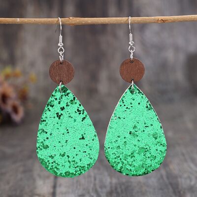 Sequin Faux Leather Wooden Dangle Earrings - T - 1 COLOR -