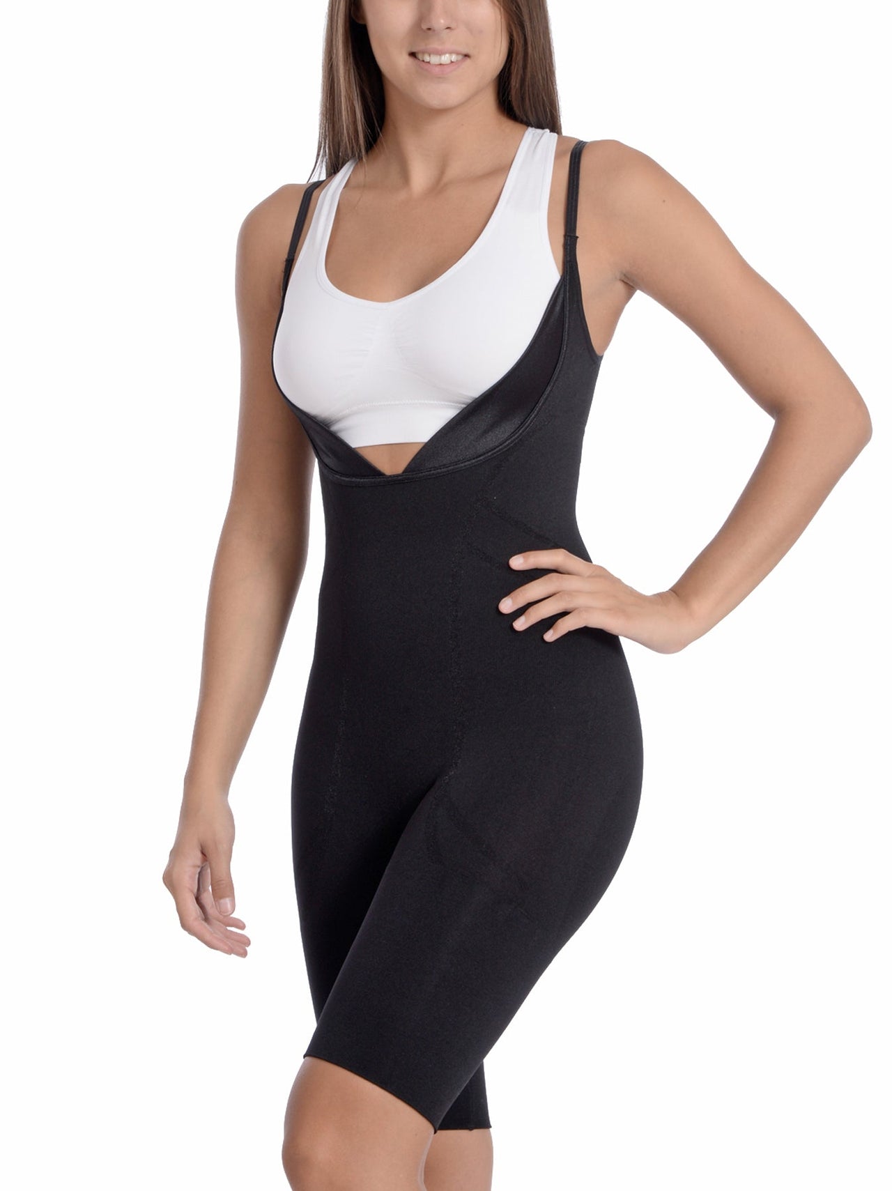 Seamless "Wear Your Own Bra" Bodysuit Shaper With Extra Long Boyleg Black -