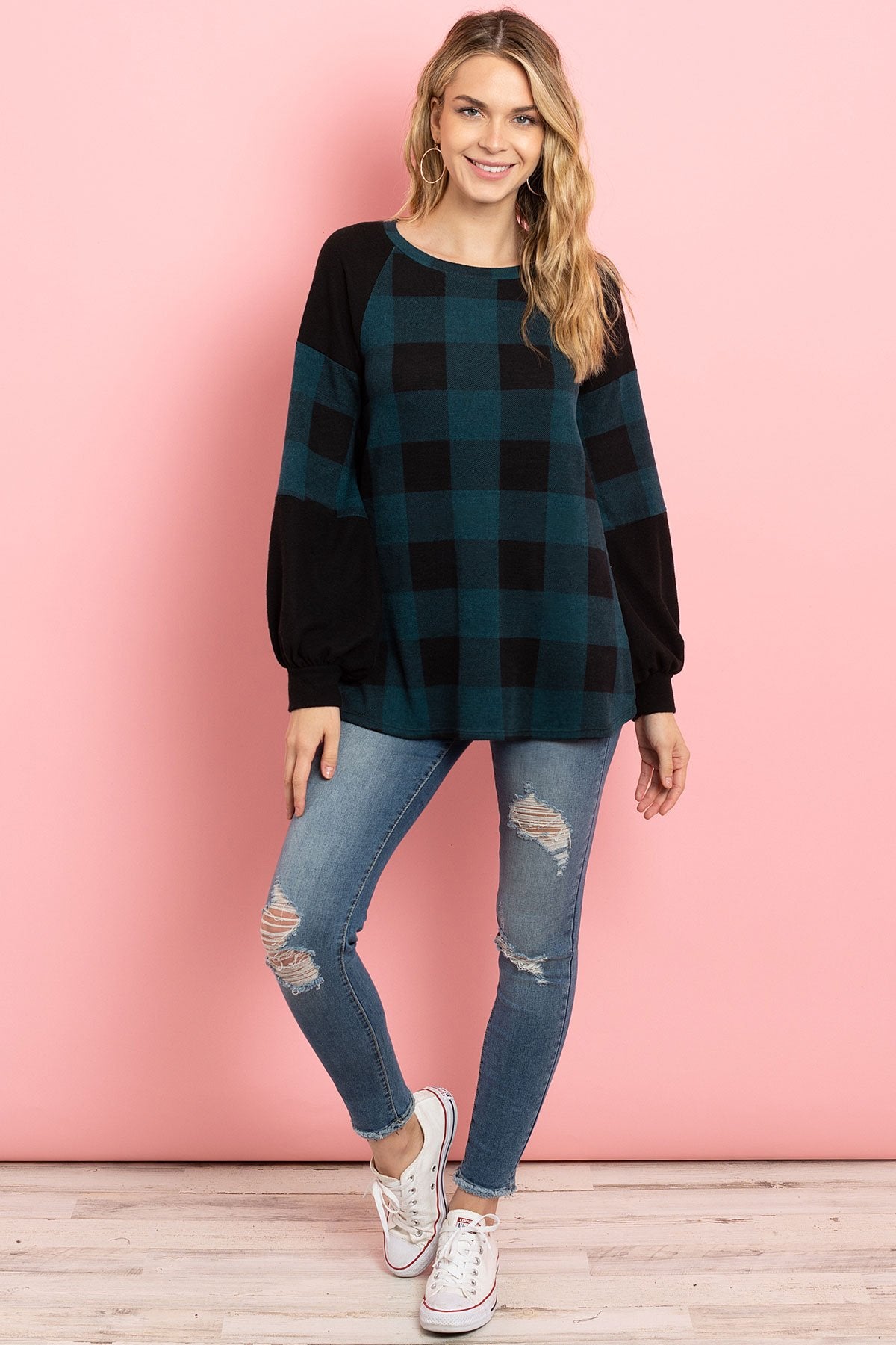 Riah Fashion - Solid Contrast Puff Sleeves Plaid Top - 3 COLORS -