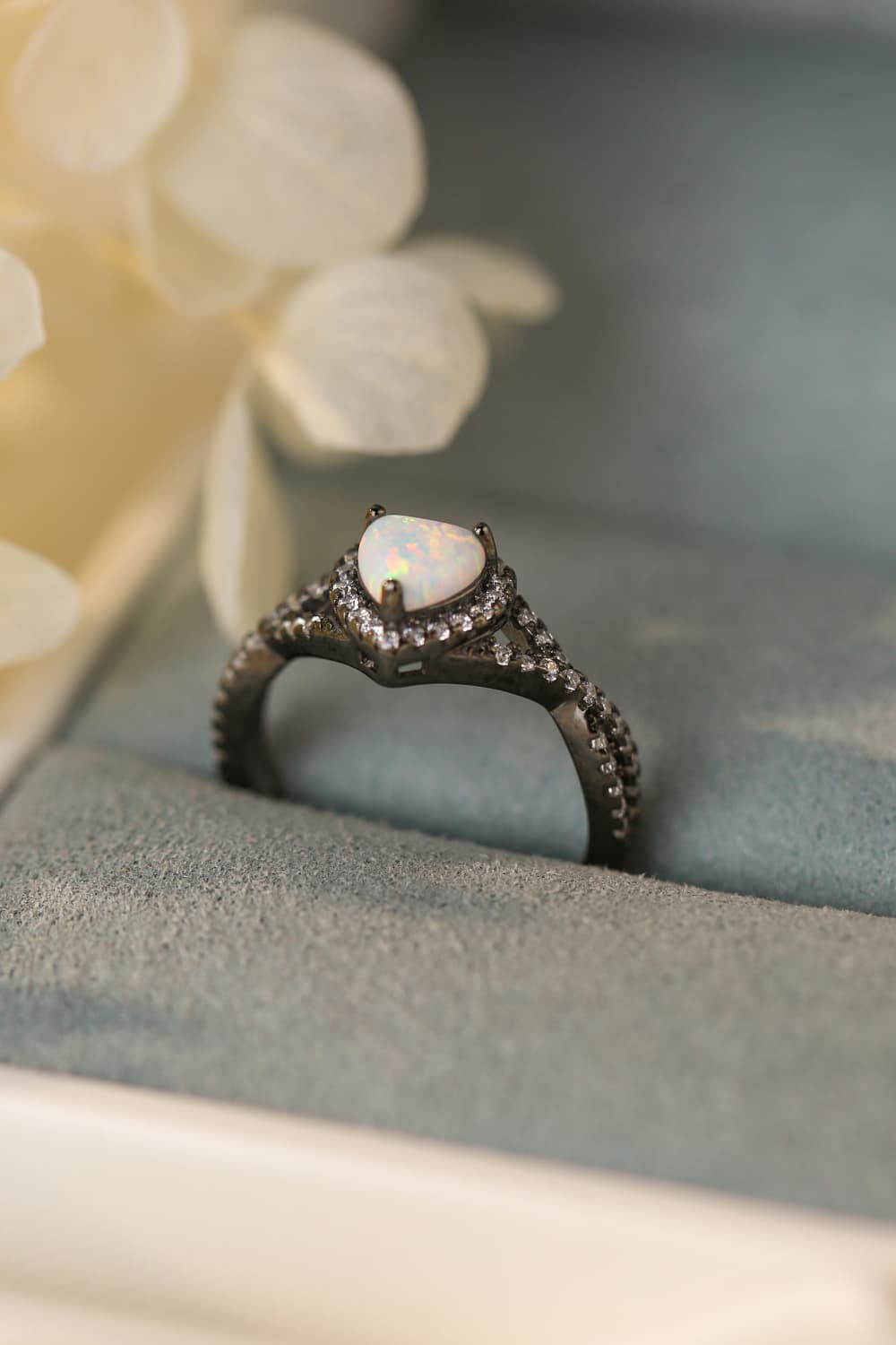 Opal Heart Black Gold-Plated Ring - T - SIZES 5 THRU 10 - 1 COLOR -