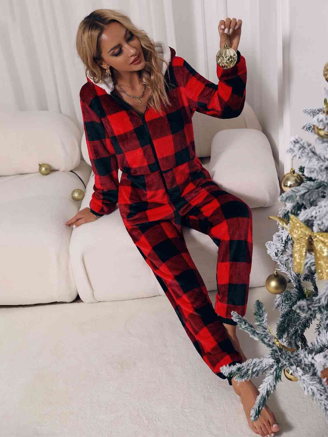 Plaid Zip Front Long Sleeve Hooded Lounge Jumpsuit - T - 1 COLOR -