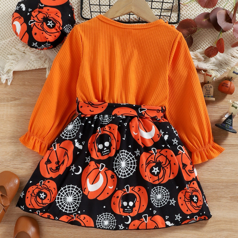 Round Neck Ruffle Trim Halloween Theme Dress - SIZES 4T THRU 7 - T - 1 COLOR -